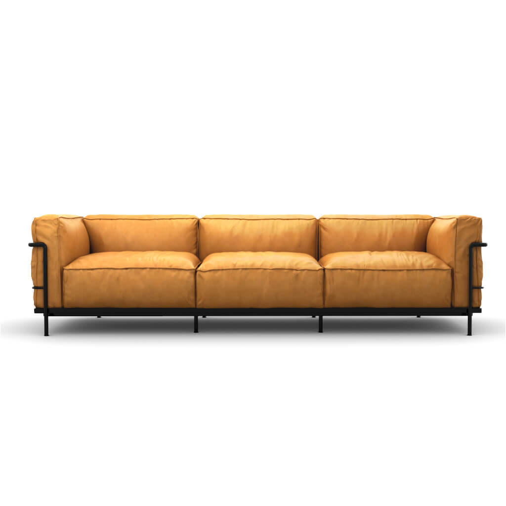 LC3 Grand Modele Three Seat Sofa With Down Cushions Aniline Camel Black Powder Coated Steel