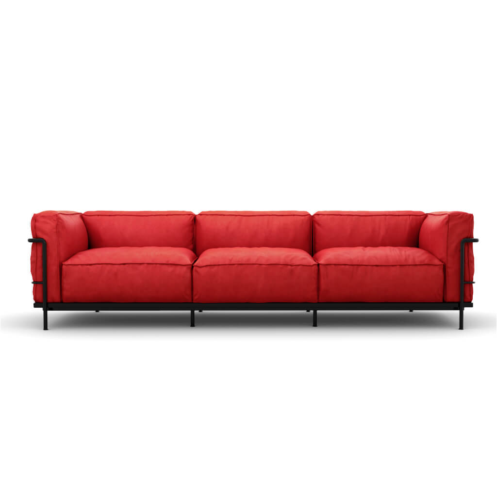 LC3 Grand Modele Three Seat Sofa With Down Cushions Top Grain Red Black Powder Coated Steel