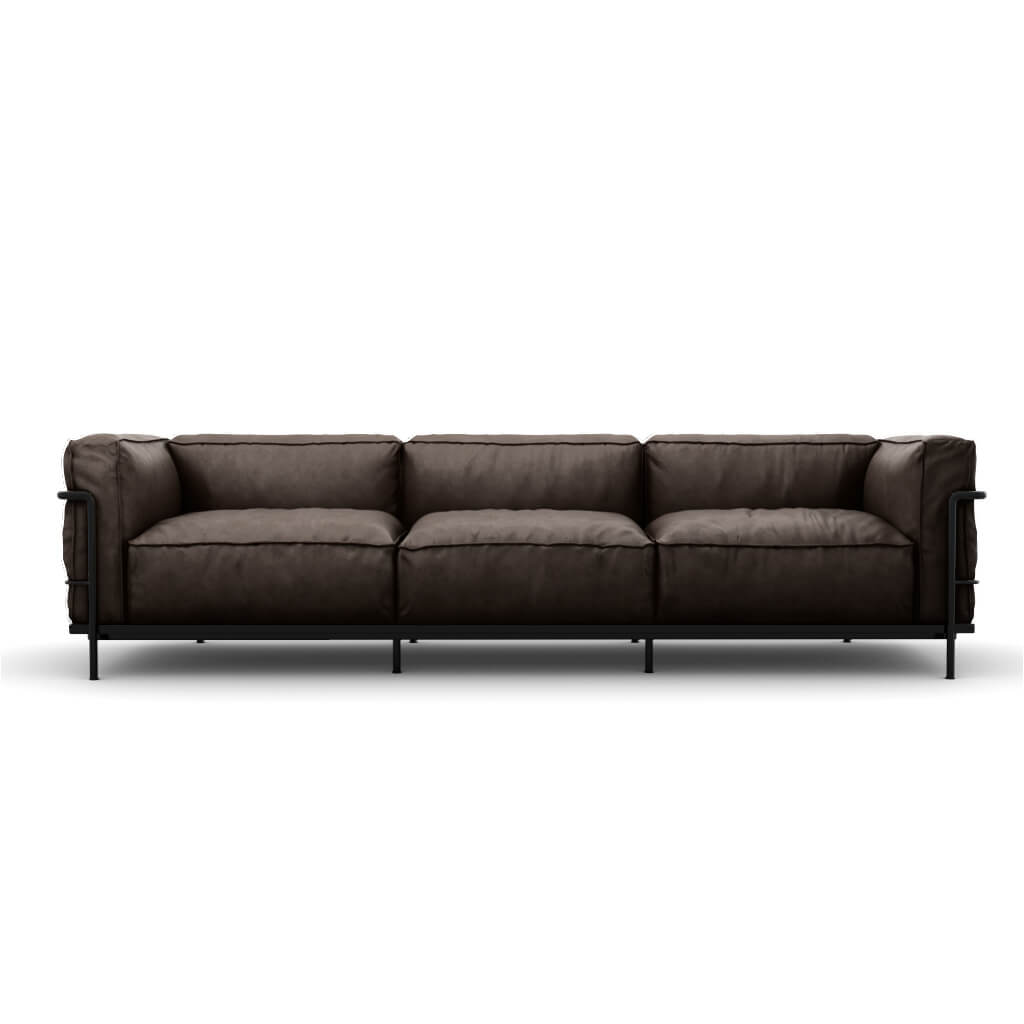 LC3 Grand Modele Three Seat Sofa With Down Cushions Aniline Dark Brown Black Powder Coated Steel