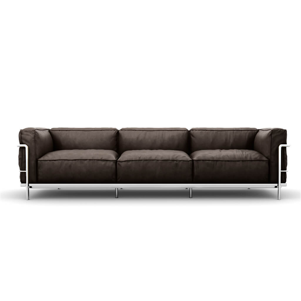 LC3 Grand Modele Three Seat Sofa With Down Cushions Aniline Dark Brown Chrome Steel