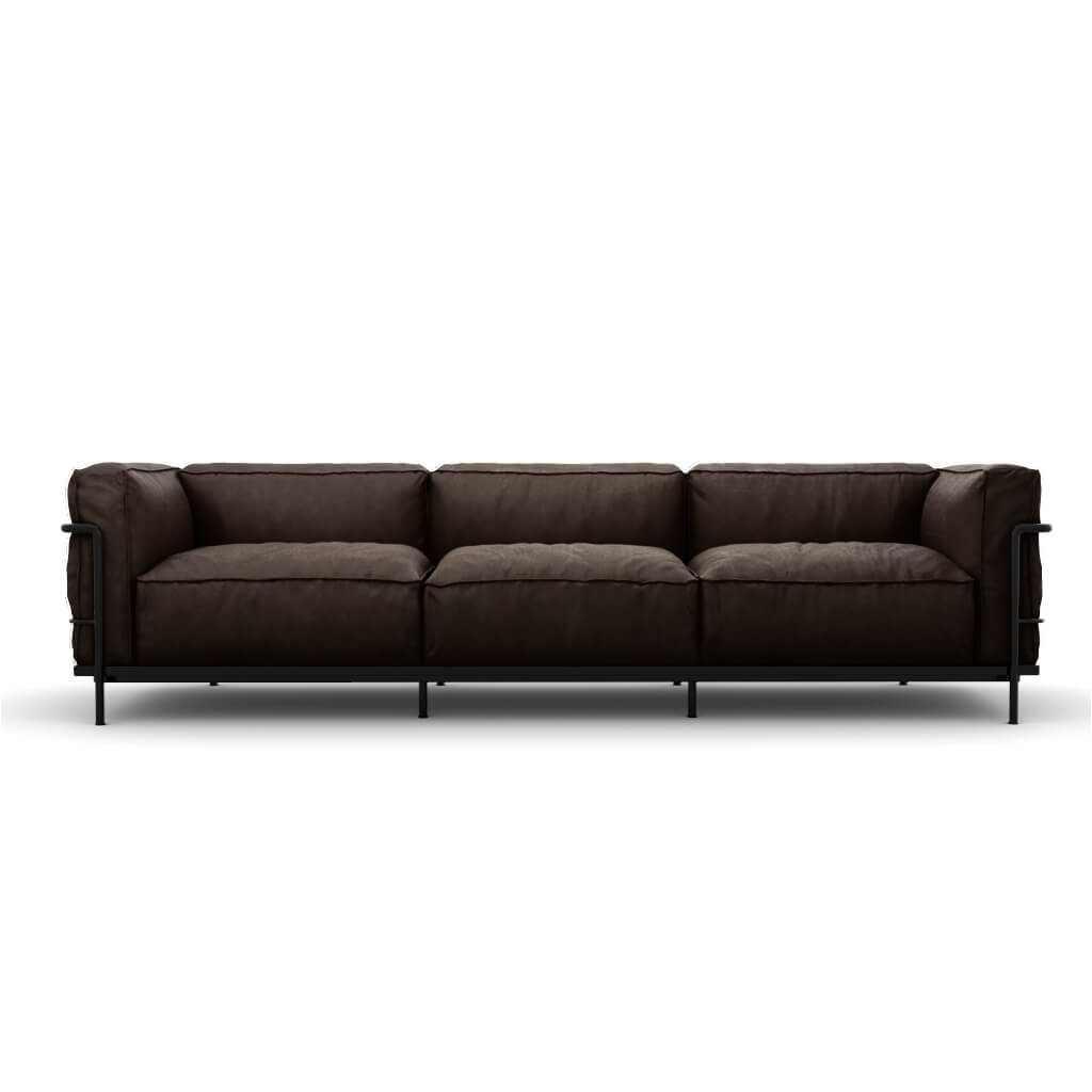 LC3 Grand Modele Three Seat Sofa With Down Cushions Top Grain Dark Brown Black Powder Coated Steel