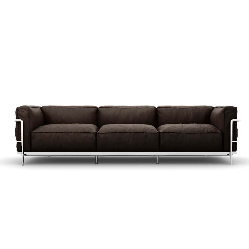 LC3 Grand Modele Three Seat Sofa With Down Cushions Top Grain Dark Brown Chrome Steel