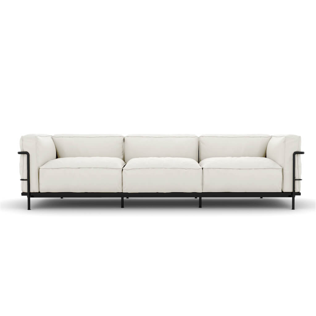 LC3 Grand Modele Three Seat Sofa With Down Cushions Top Grain White Black Powder Coated Steel