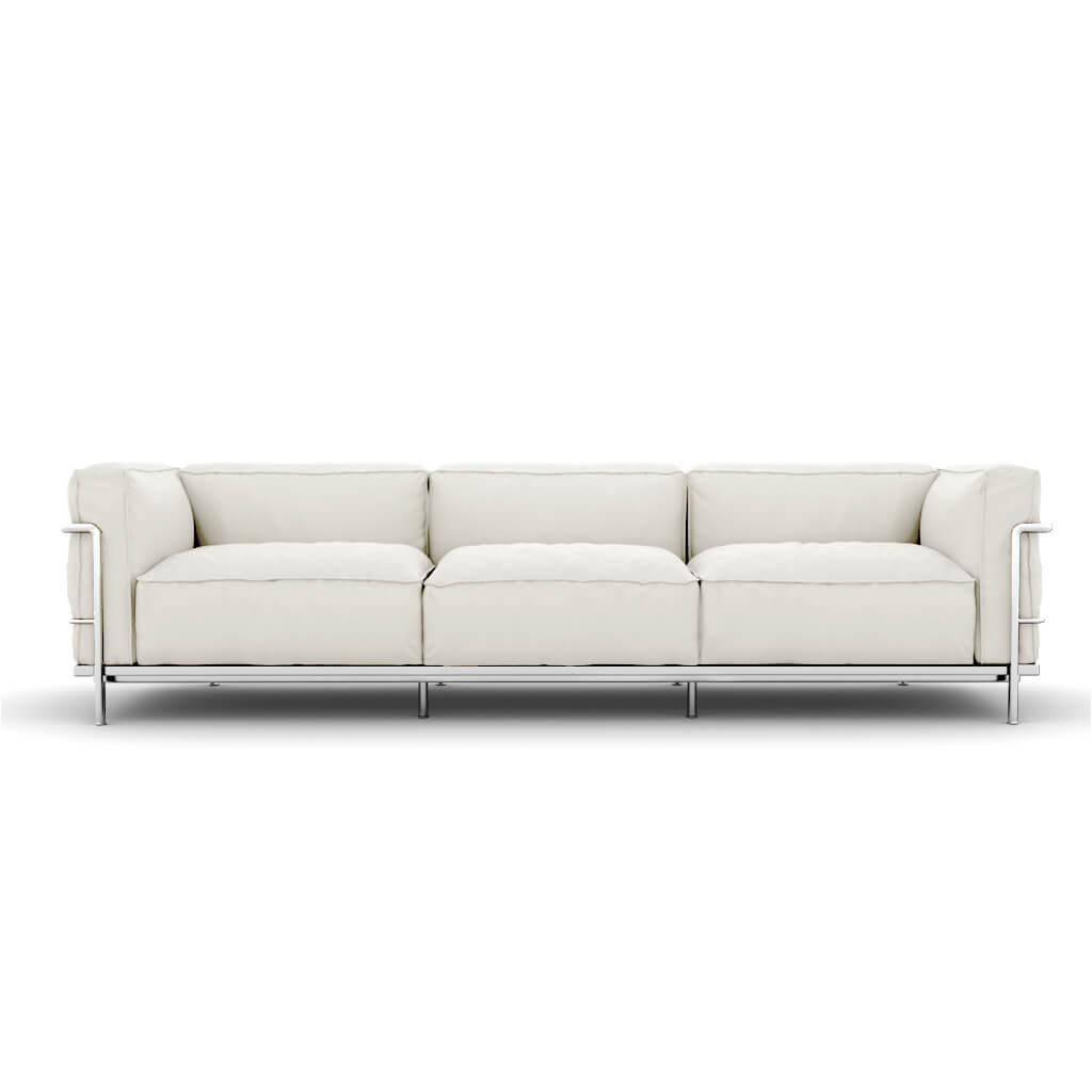 LC3 Grand Modele Three Seat Sofa With Down Cushions Top Grain White Chrome Steel