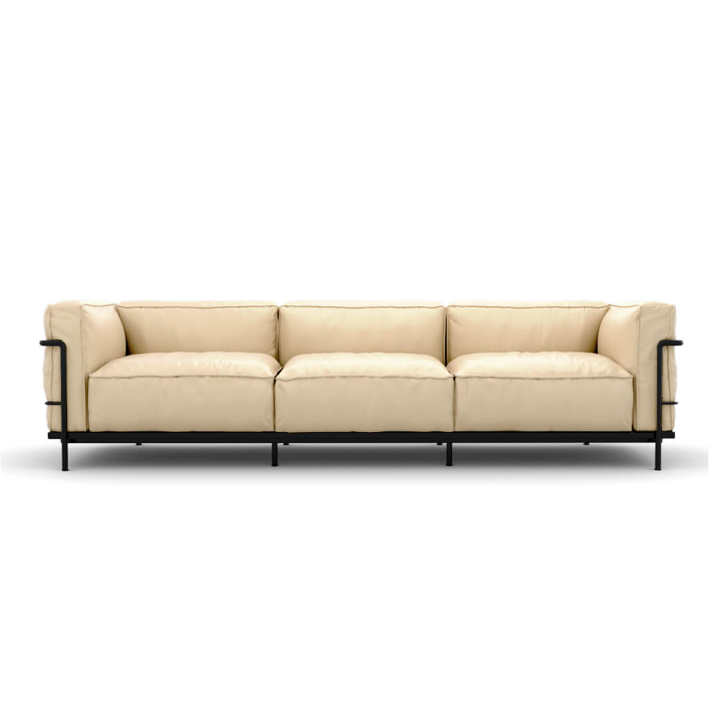 LC3 Grand Modele Three Seat Sofa With Down Cushions Aniline Cream Black Powder Coated Steel