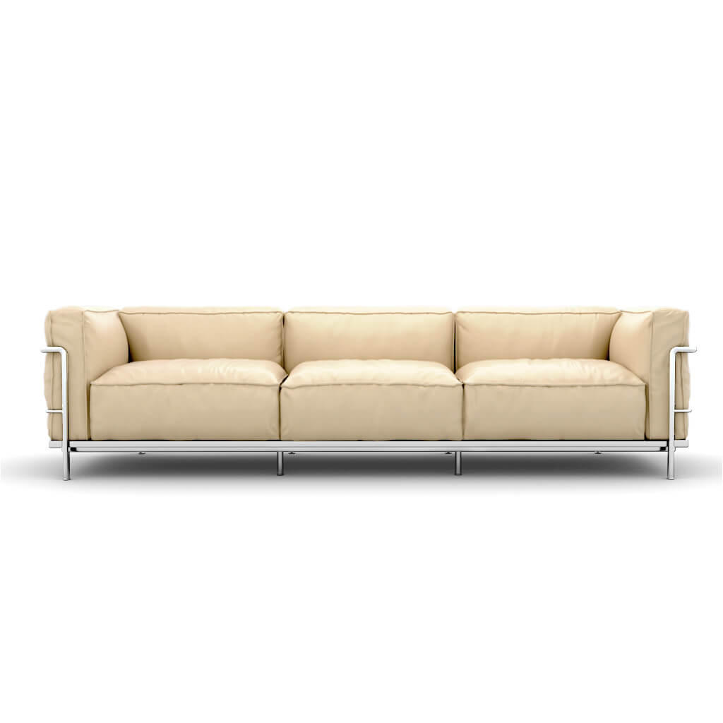 LC3 Grand Modele Three Seat Sofa With Down Cushions Aniline Cream Chrome Steel