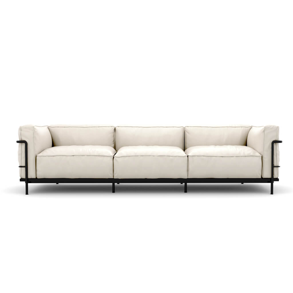 LC3 Grand Modele Three Seat Sofa With Down Cushions Aniline White Black Powder Coated Steel
