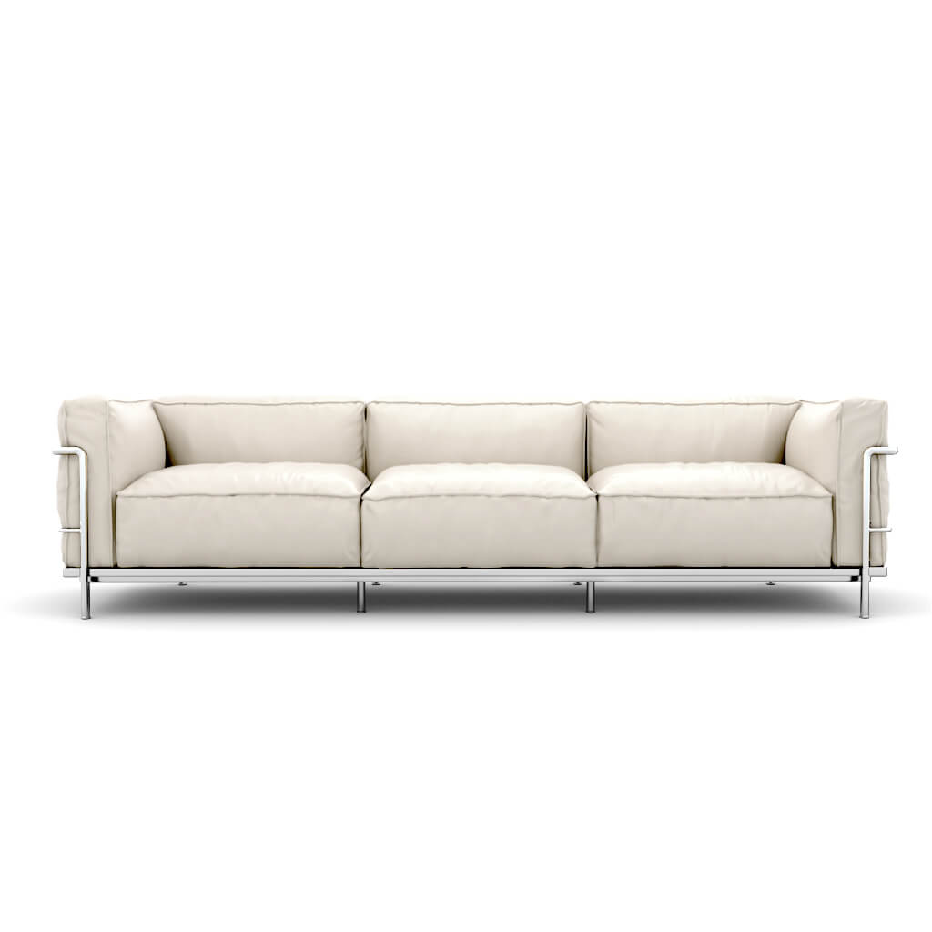 LC3 Grand Modele Three Seat Sofa With Down Cushions Aniline White Chrome Steel
