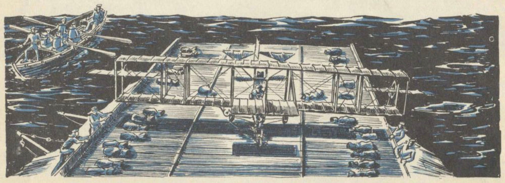 The Army and Navy Spread Their Wings - Sketch of a vintage airplane on the deck of a cruiser