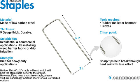 6" Long x 2" Wide EXTRA WIDE Sod Staples Technical Specs made of low carbon steel 9 gauge thick with Chisel point ends