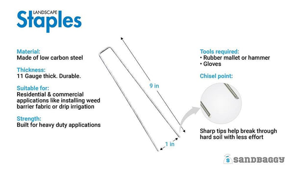 9-inch Landscape Staples Technical Specs: Material: made of low carbon steel. Thickness: 11 gauge thick, durable. Suitable for: residential and commercial applications like installing weed barrier fabric or drip irrigation. Strength: built for heavy duty applications. Tools required: rubber mallet or hammer, gloves. Chisel point: sharp tips help break through hard soil with less effort.