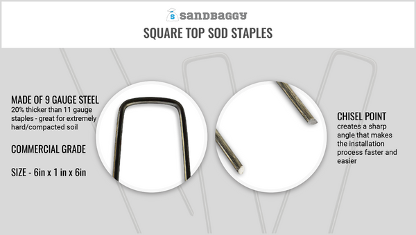 Sandbaggy square top sod staples made of 9 gauge steel (20% thicker than 11 gauge staples - great for extremely hard and compacted soil where 11 gauge staples will bend). They are commercial grade and size 6in x 1in x 6in.