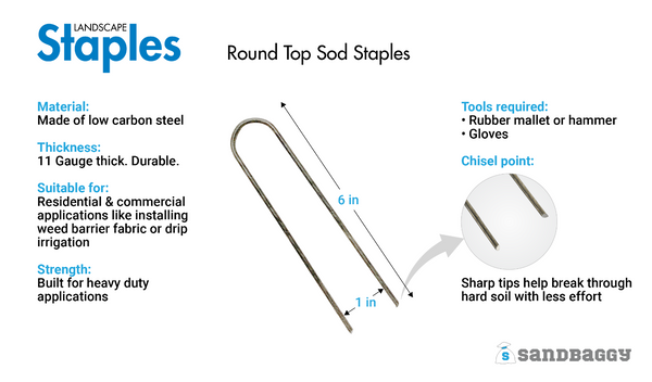 Sandbaggy round top sod staples are made of 11 gauge steel, great for securing PVC pipes, commercial grade, heavy duty, and 6in x 1in x 6in size.