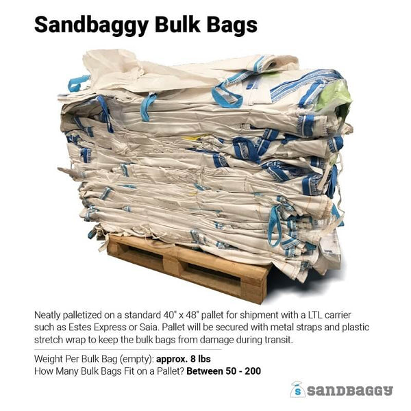 Sandbaggy Bulk Bags: Neatly palletized on a standard 40" x 48" pallet for shipment with a LTL carrier such as Estes Express or Saia. Pallet will be secured with metal straps and plastic stretch wrap to keep the bulk bags from damage during transit. Weight Per Bulk Bag (empty): approx. 8 lbs. How Many Bulk Bags Fit on a Pallet? Between 50 - 200.