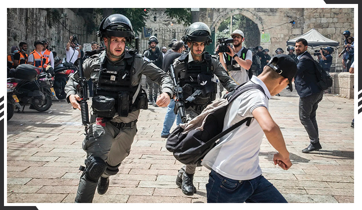 Israeli police pursue a Palestinian demonstrator at the al-Aqsa Mosque, May 10, 2023