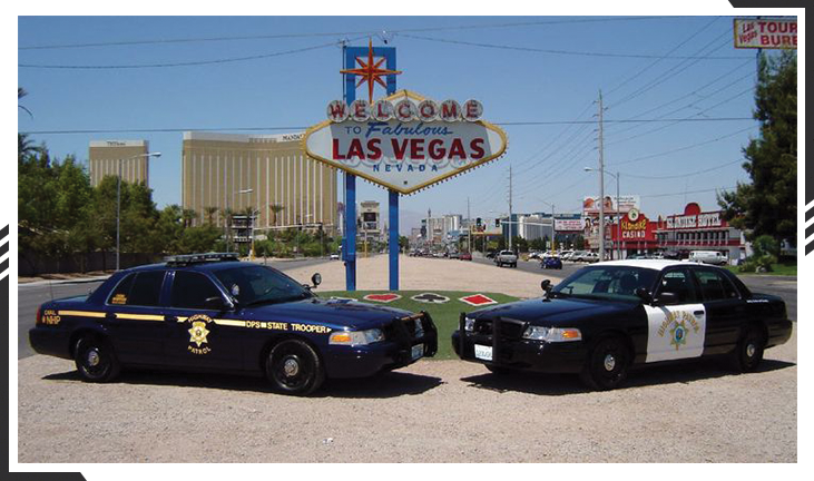 Las Vegas Police vehicles with the world famous “Welcome to Fabulous Las Vegas” sign