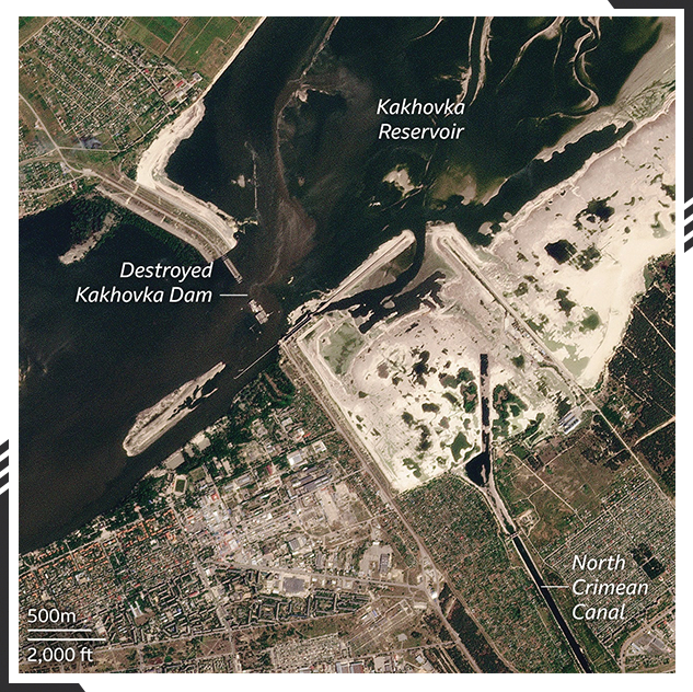Satellite footage reveals the destruction of Kakhovka Reservoir.