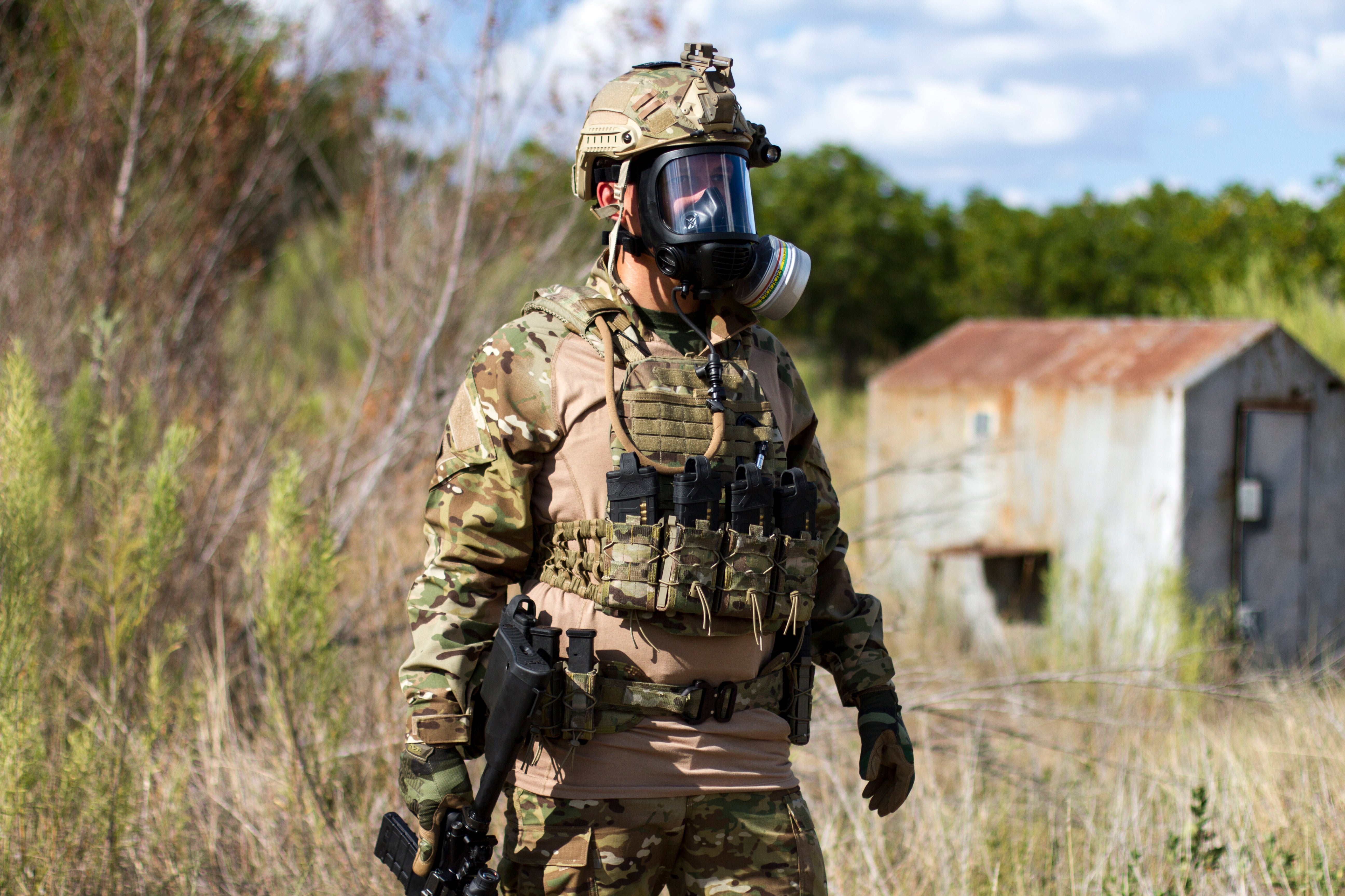 tactical gas mask being used