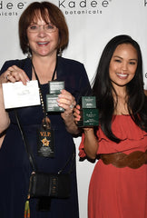 Lee Garlington, Emmy Nominee for Broken in 2018, and Nikki SooHoo from Heathers (TV Series) and Stick it holding Kadee Botanicals Hydrating Day & Night Cream and Eye Cream