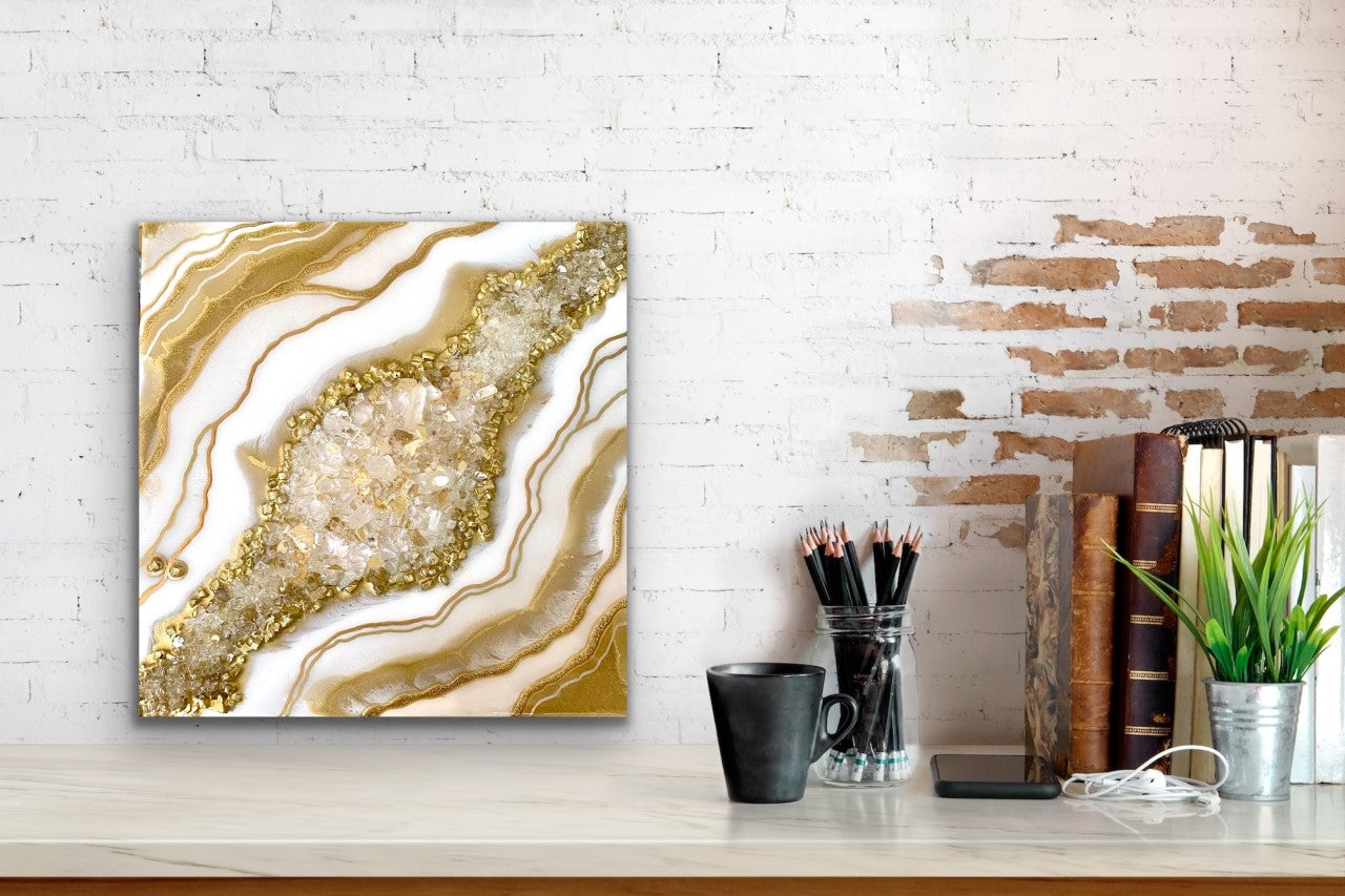 Gold & White Crystal Quartz Geode Resin Art 12x12