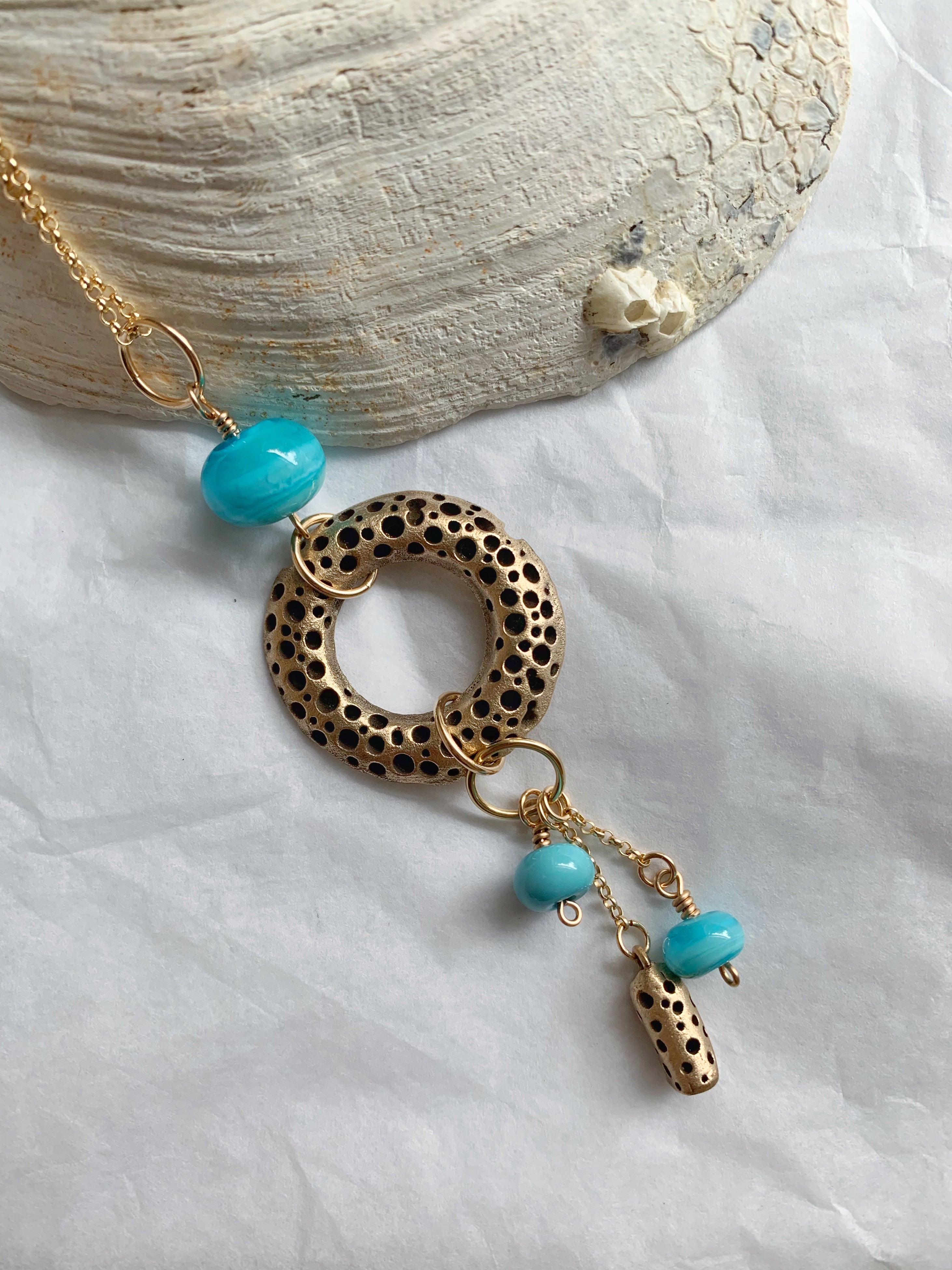 Ocean inspired bronze and glass statement necklace