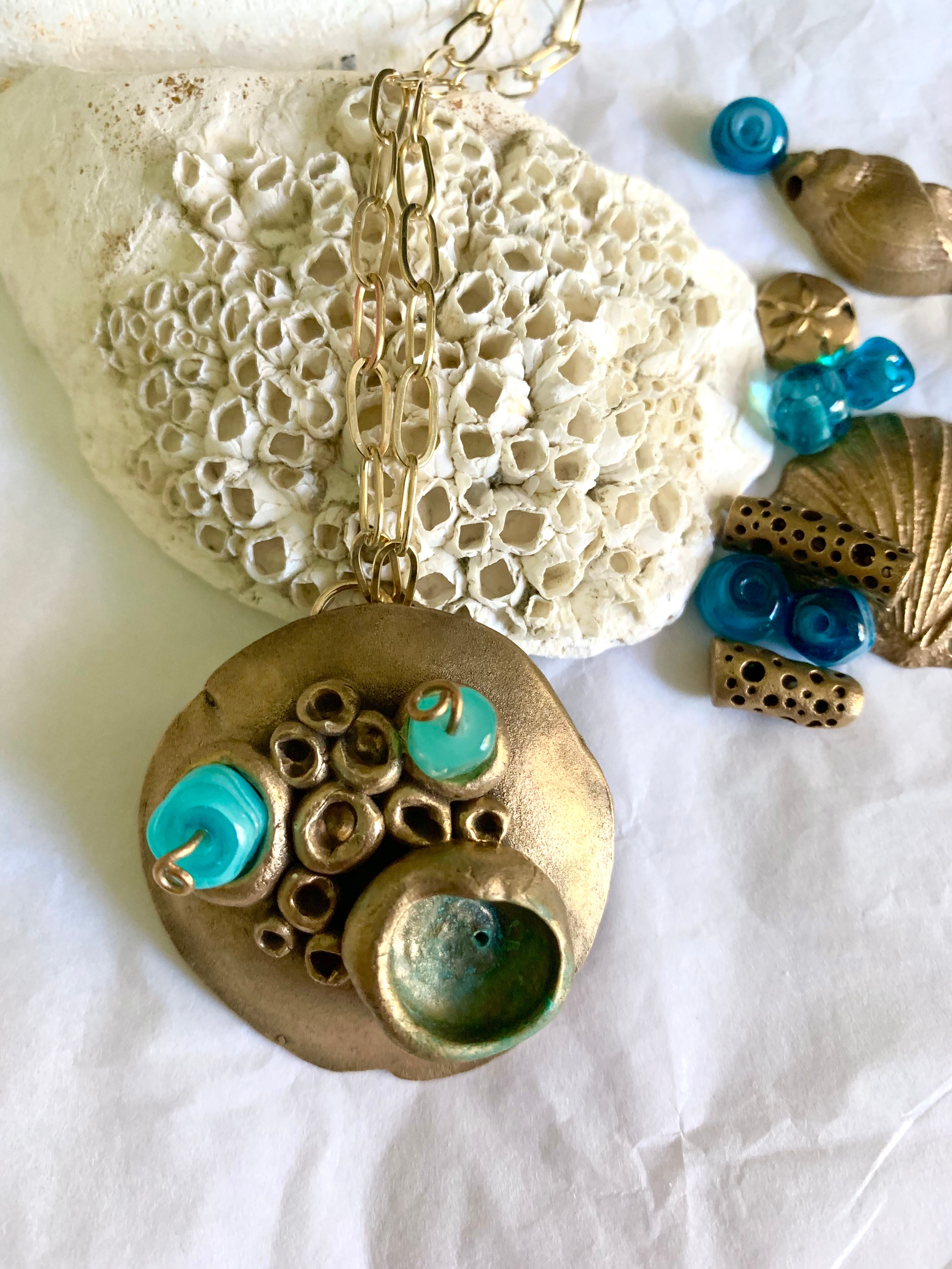 Barnacle shell with glass and bronze art jewelry necklace