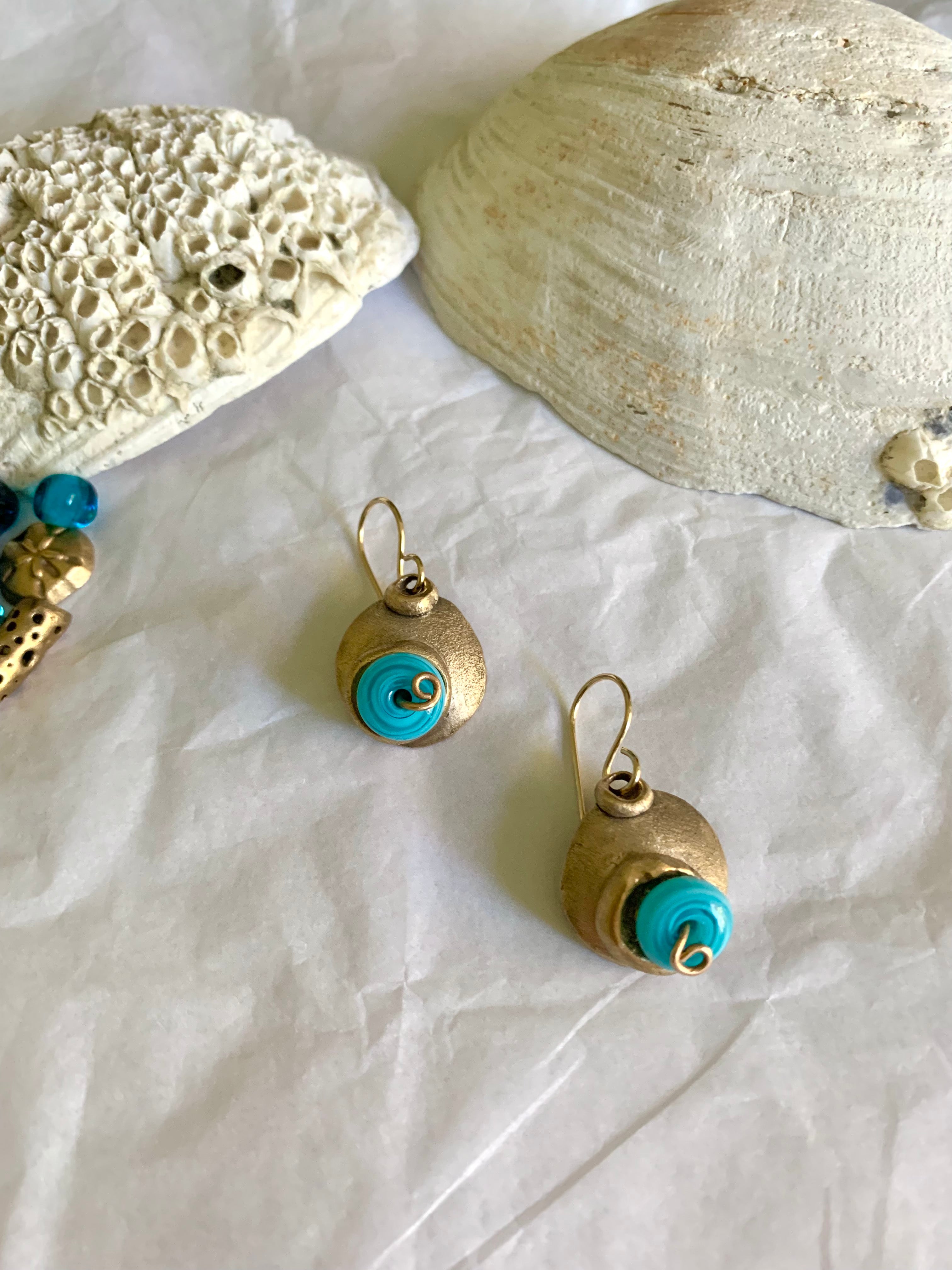 Summer earrings with ocean blue glass beads and bronze