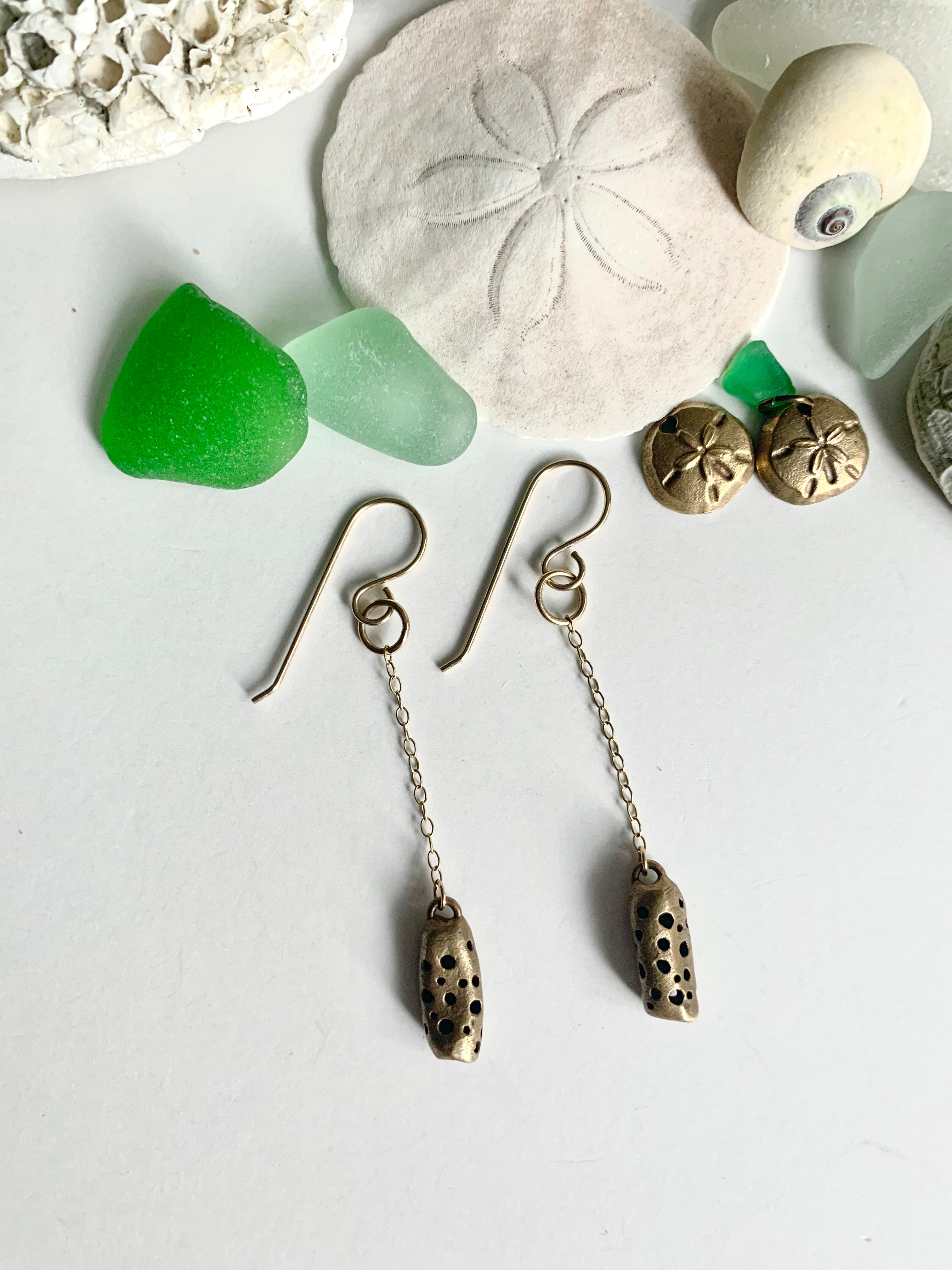 Fun bronze everyday earrings with seaglass and sand dollars