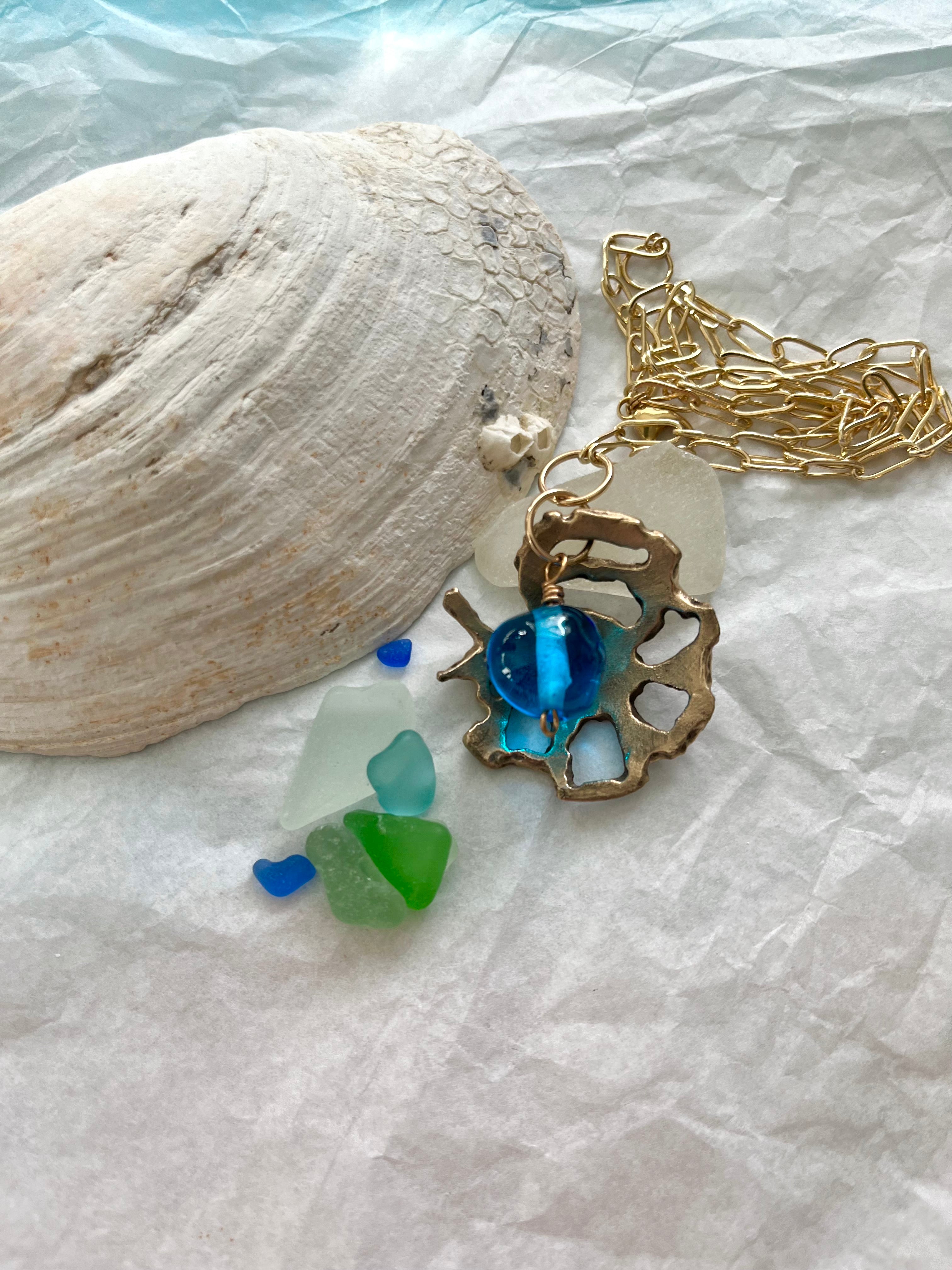 Coral inspired bronze necklace with seaglass in blues and greens