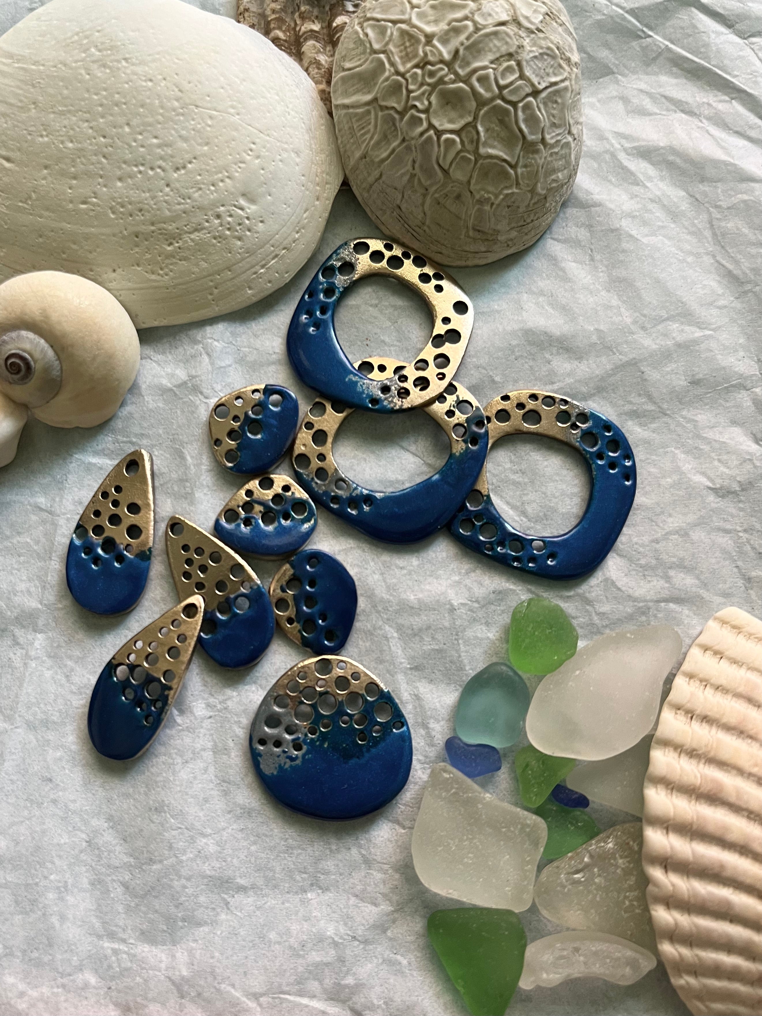 Bronze handmade jewelry in Mediterranean blue with shells and seaglass