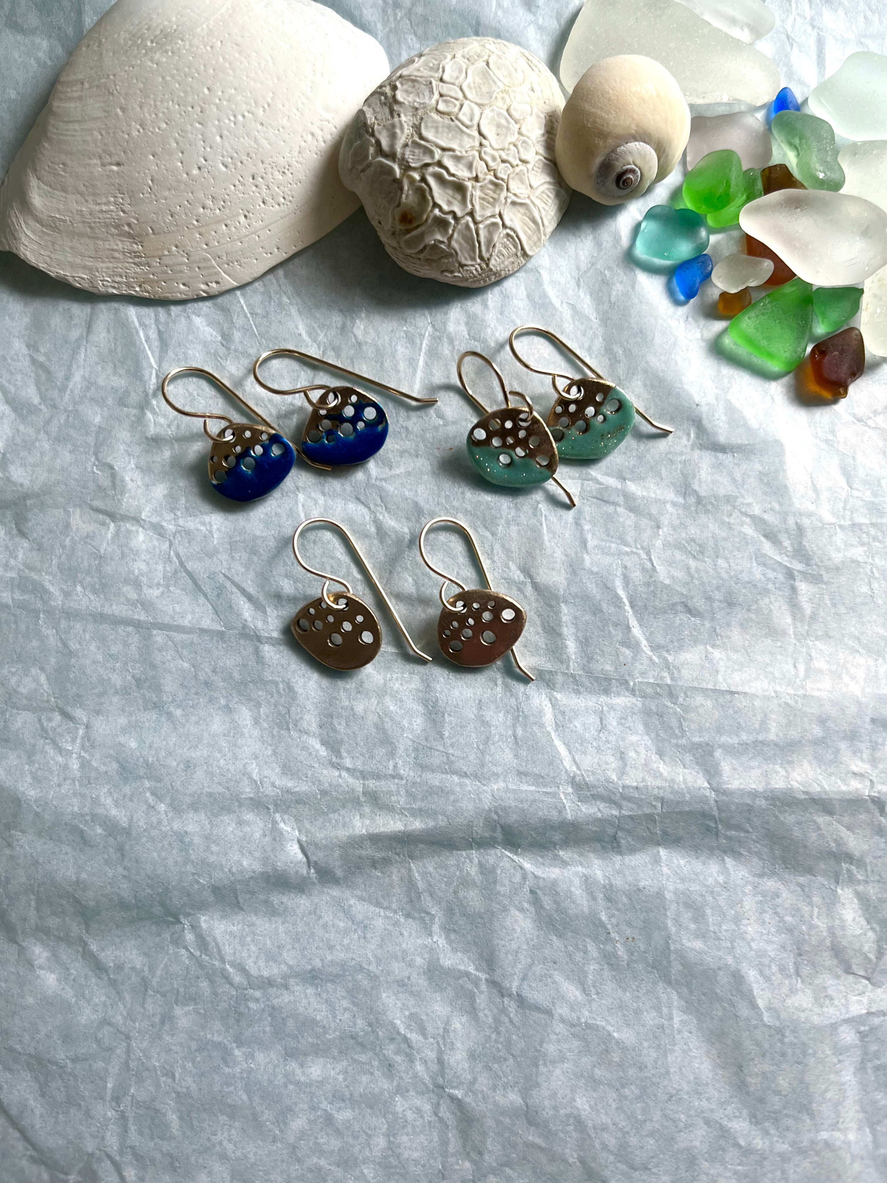 Seaglass, shells and bronze handmade earrings