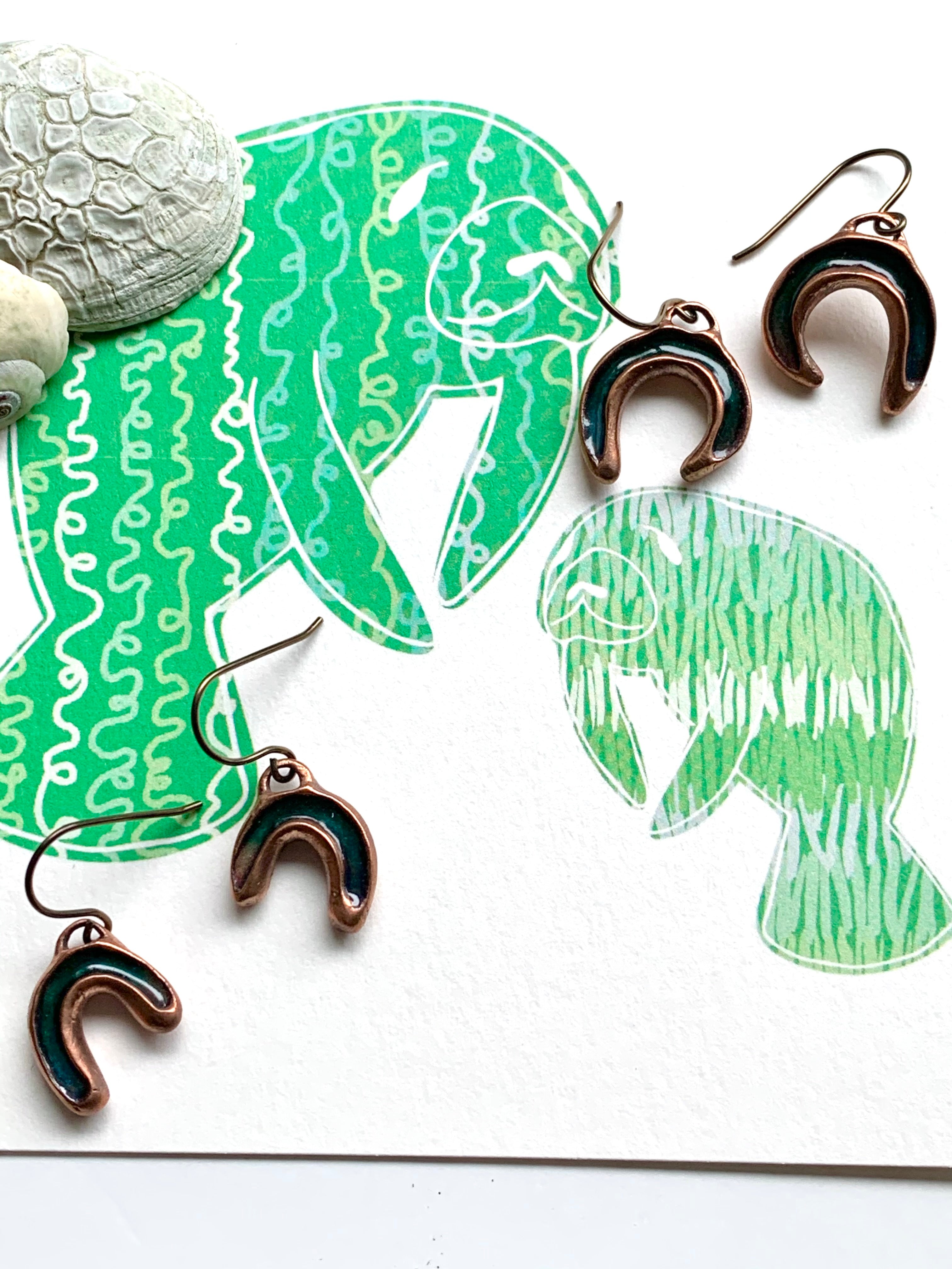 Manatees with copper and enamel art jewelry earrings
