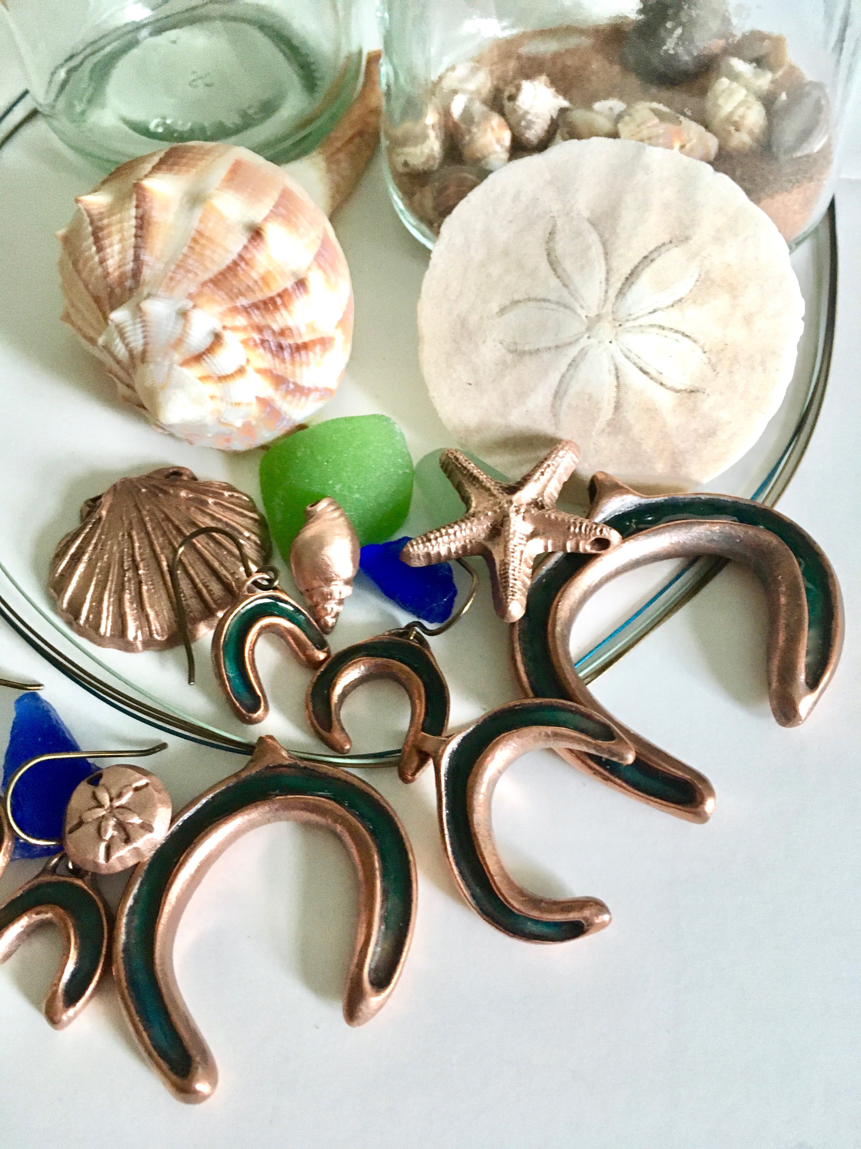 Unique handmade copper enamel jewelry and seashells