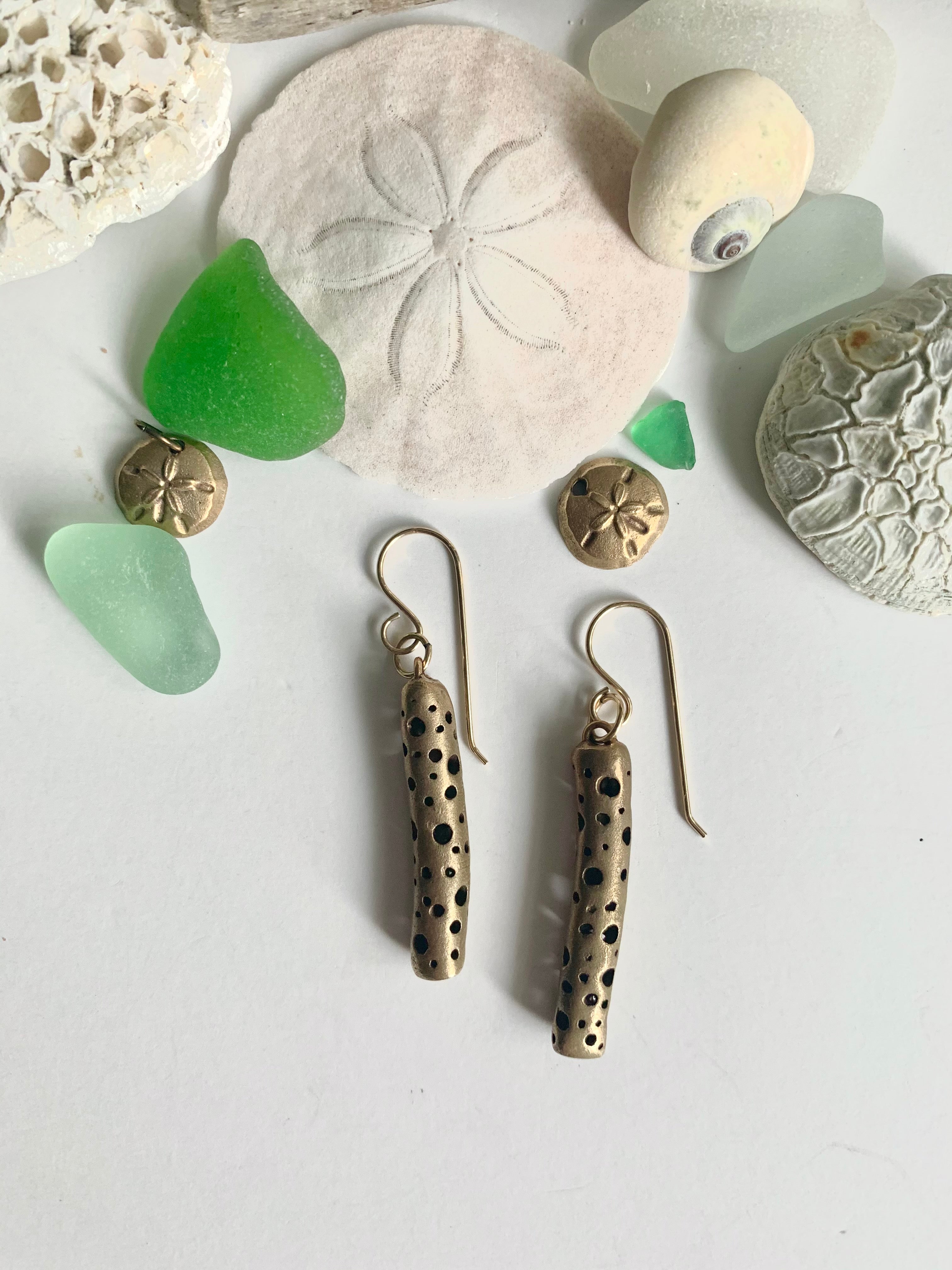 Favourite everyday bronze earrings shells and green sea glass