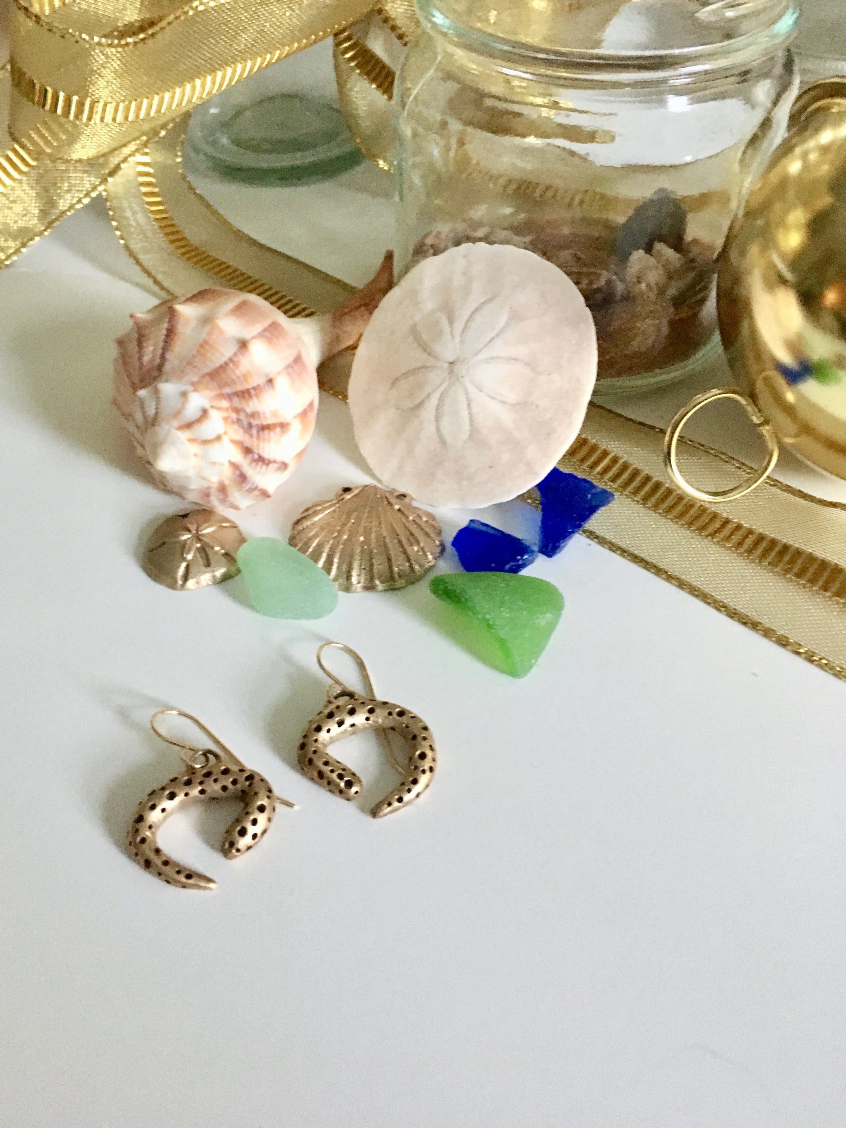 Everyday bronze earrings sea glass seashells