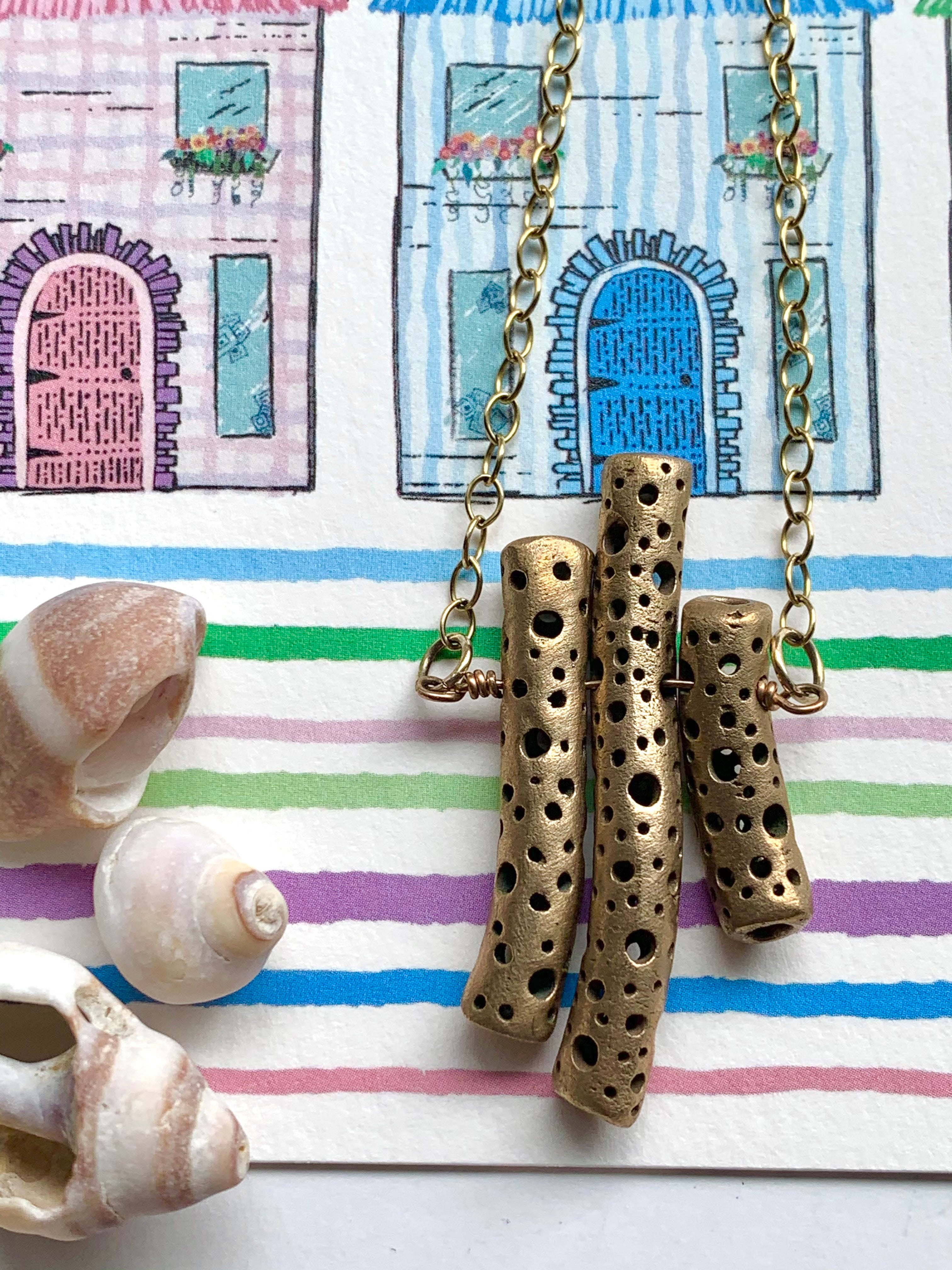 Bronze coral inspired necklace with seashells and colourful houses