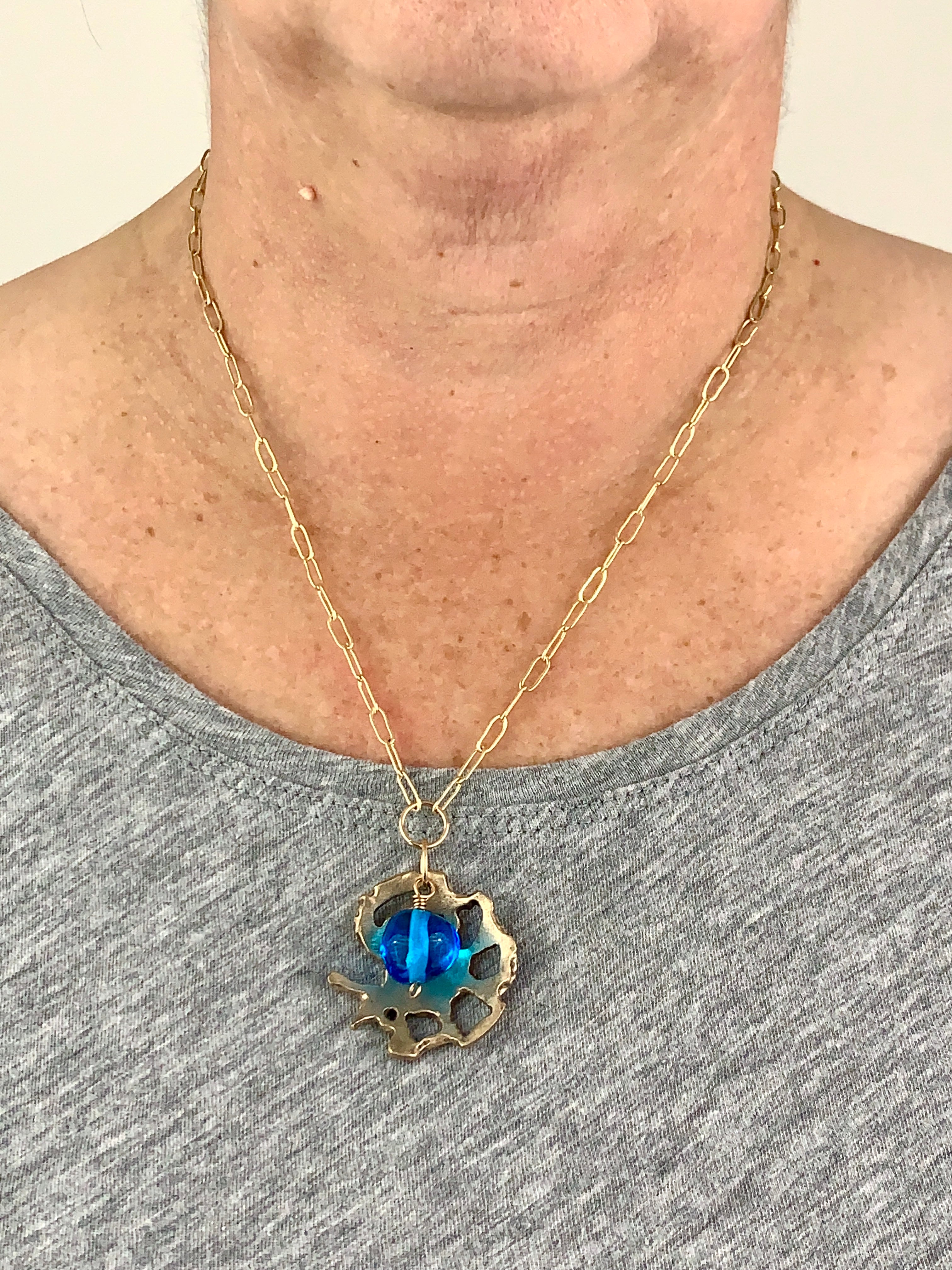 Bronze and blue glass artisan made statement necklace