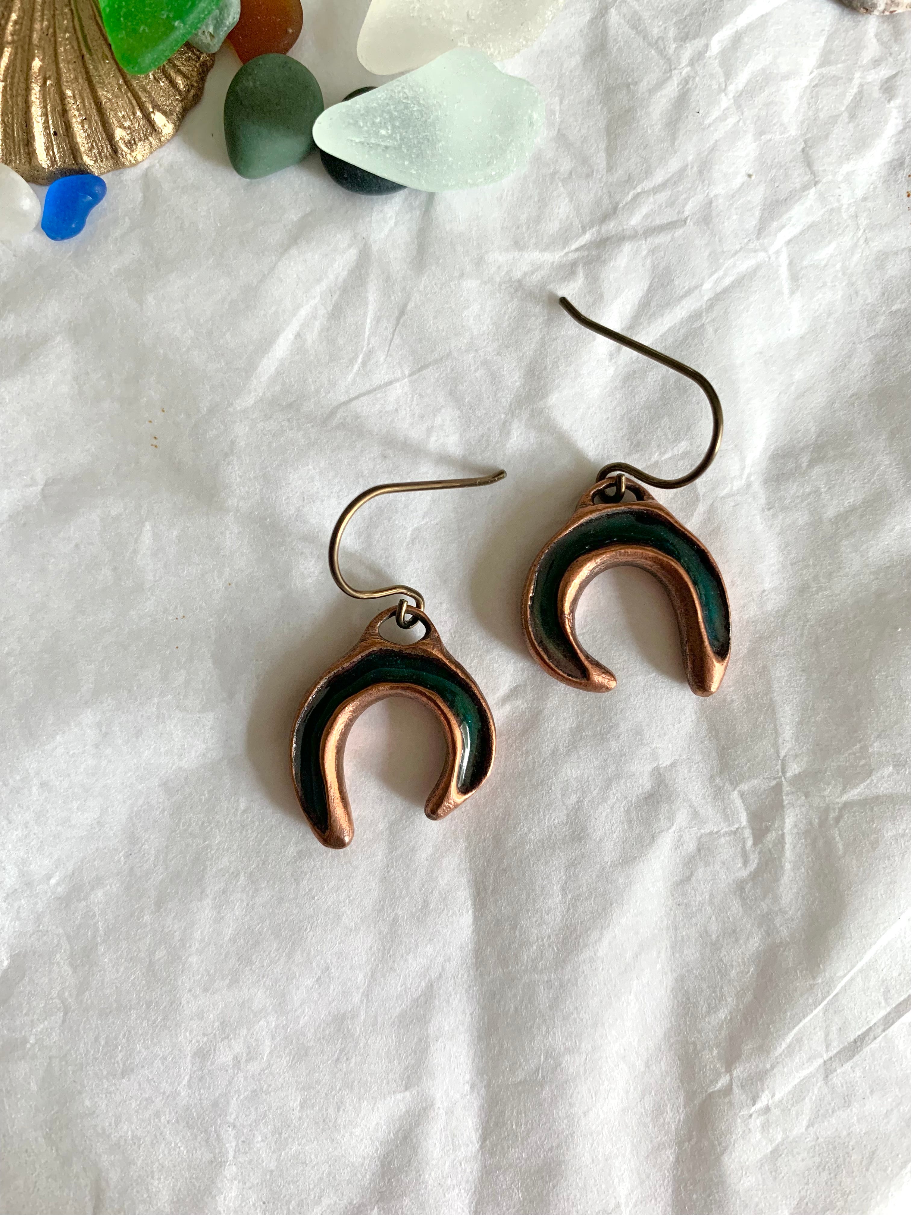 Handmade copper enamel earrings with ocean treasure