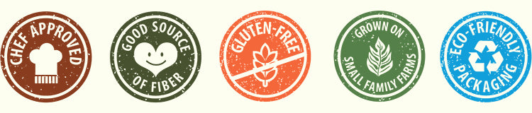 chef approved, good source of fiber, gluten-free, grown on small family farms, eco-friendly packaging