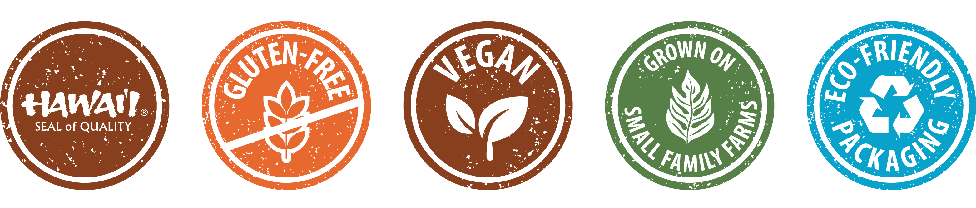 icons: hawaii seal of quality, gluten-free, vegan, grown on small family farms, eco-friendly packaging