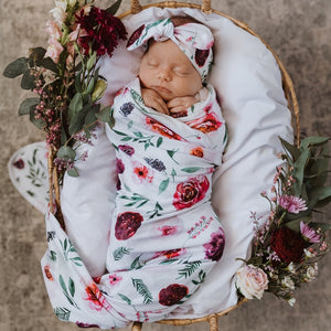Snuggle Hunny Baby Jersey Wrap and Topknot Set - Peony Bloom