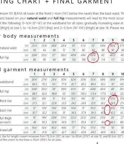 halfmoon 101 jeans student's measurements