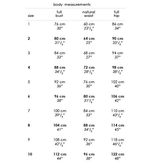 halfmoon ATELIER size chart