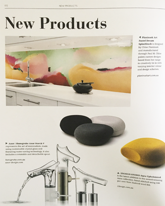 Artwork by Chloe Planinsek printed onto splashbacks by Paul M in Melbourne Australia. Furnishing International magazine 'New Product' feature