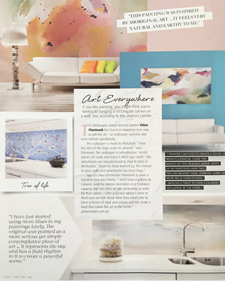 Art Edit magazine editorial on Chloe Planinsek and the large scale artwork she offers in Pickawall wallpaper, glass splash backs by Paul M as well as murals. 
