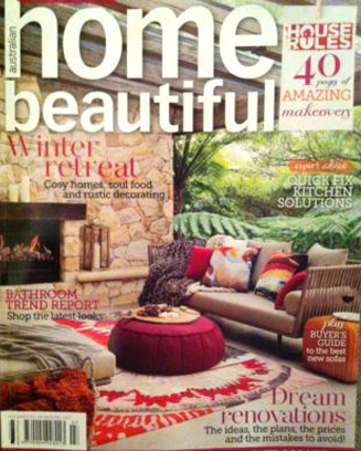 Home Beautiful magazine cover. Featuring artwork cushions by Chloe Planinsek