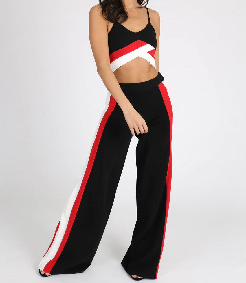 black striped wide leg trousers