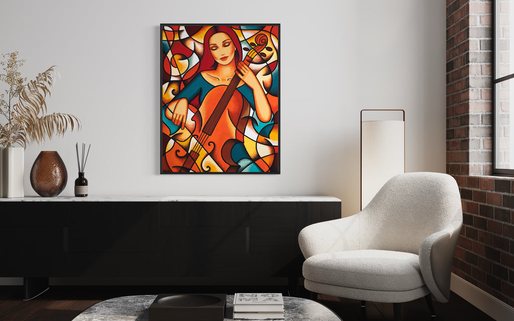 Kubistisches Gemälde einer Frau mit Kontrabass von Ekaterina Moré