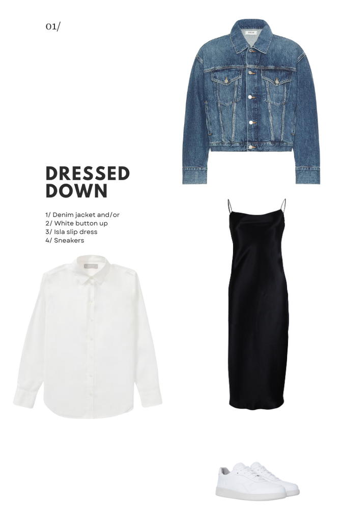 styling a black slip dress with denim jacket