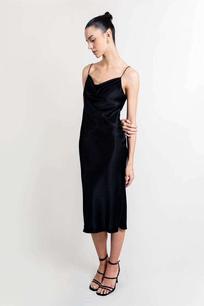 Isla Silk Satin Slip Dress, Black